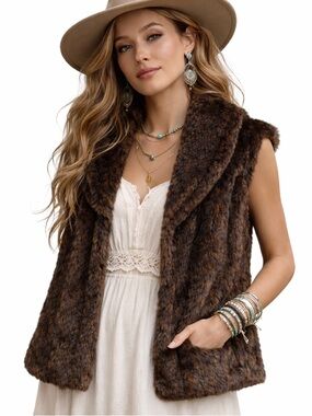 Investments Faux Fur Vest 2X Brown Luxe Shawl Collar 25” Length boho, soft glam